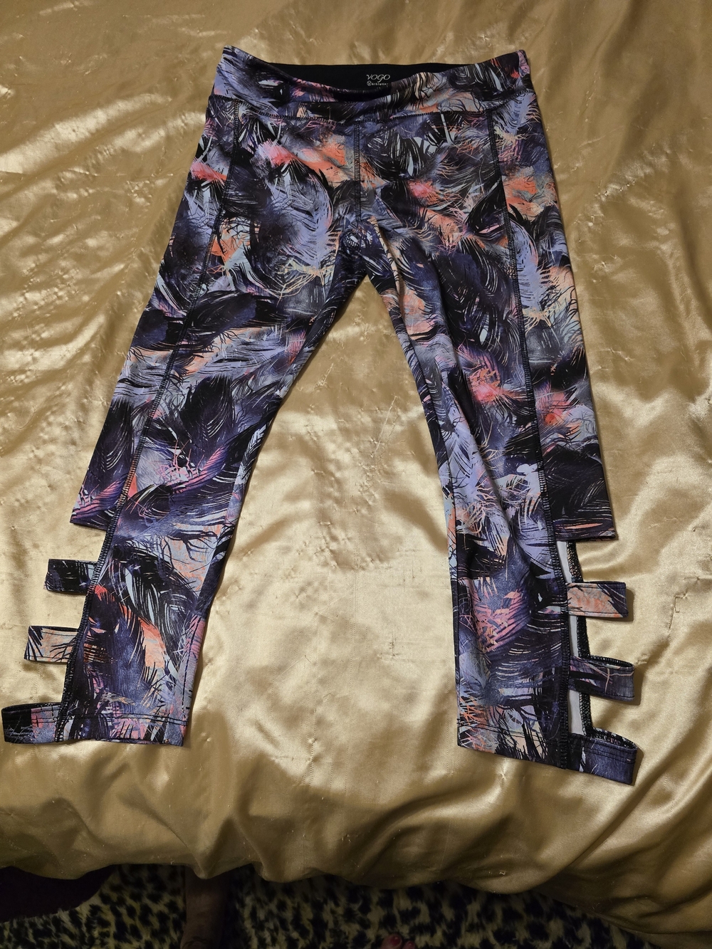 Kids Purple Tropical Print Active Leggings with Strap Detail